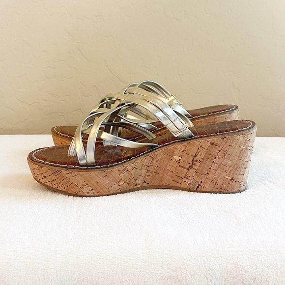Sam Edelman Sandals 6 Reana Light Gold Strappy Cork Platform Wedge Heel Slides - Picture 7 of 11